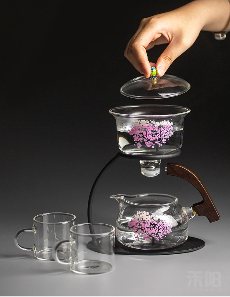 

Cherry Lazy Semi-automatic Glass Tea Set With Cups Magnetic Type Heat Resistant Glass Teapot Best Choice For Gift