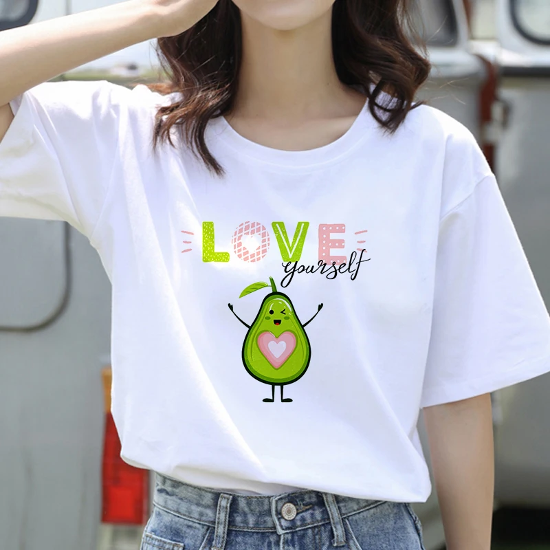 

2020 Summer Women T-shirt Cute avocado doll Printed Tshirts Casual Tops Tee Harajuku 90s Vintage White tshirt Female Clothirt