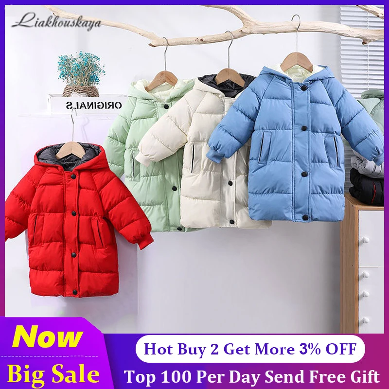 

Детская зимняя одежда, парка с хлопковой подкладкой для мальчиков и девочек-подростков, утепленная длинная куртка, пальто для малышей, Детс...