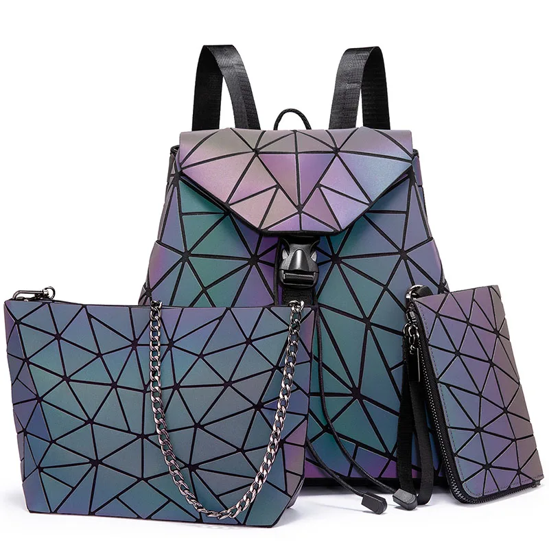 Bag set Женский рюкзак LOVEVOOK, набор сумок 3 шт, школьный портфель для девочек подростков, складываемая сумка через плечо для женщин, женский кошелек и бумажник cо карманом для карты, с геометрическими узорами и светящимися - Цвет: Bag set