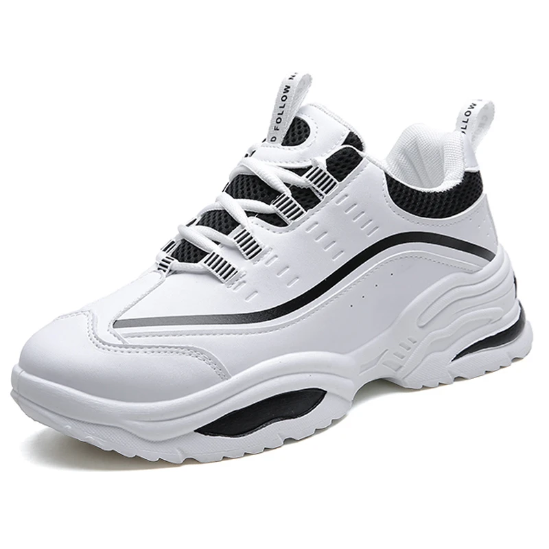 white and black Мужская и женская спортивная обувь для бега; сетчатые дышащие кроссовки, визуально увеличивающие рост; модные разноцветные женские туфли на платформе со шнуровкой для пар - Цвет: white and black