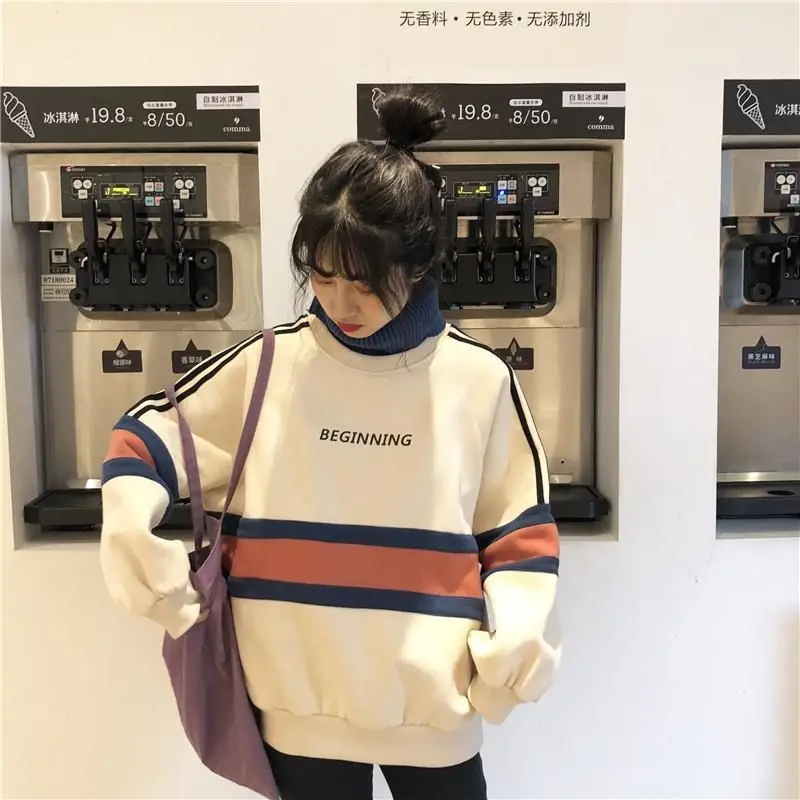 

Winter Korean Harajuku Oversized Hoodies Women Plus Velvet Turtleneck Stitching Sweatshirt Female Fashion Loose Casual Coat Tide