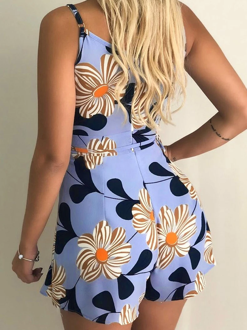 

Reaqka 2020 Summer Jumpsuit Women's Flower Printing Sleeveless Sling Wide Leg One-piece Shorts Sexy Adult Women's Beach Suit