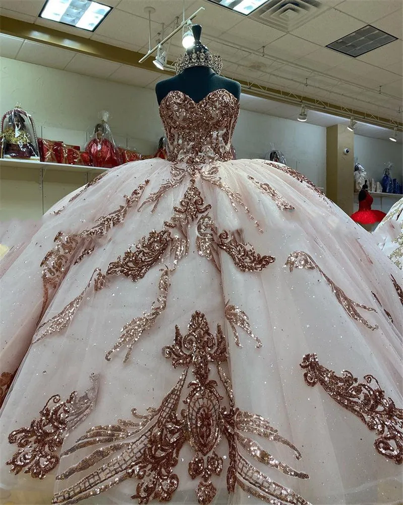 

vestidos de xv aos Rose Gold Sequins Quinceanera Dresses Sweetheart Corset lace-up back Sequined Ball Gown Sweet 16 Dress