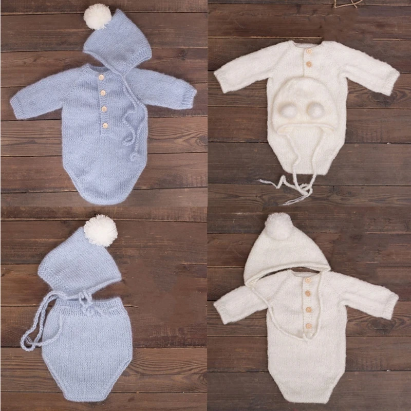 

Crochet Mohair Fotografia Baby Clothes Newborn Photography Props Girls Boys Hats Romper Set Indoor DIY Photo Shooting Accessorie