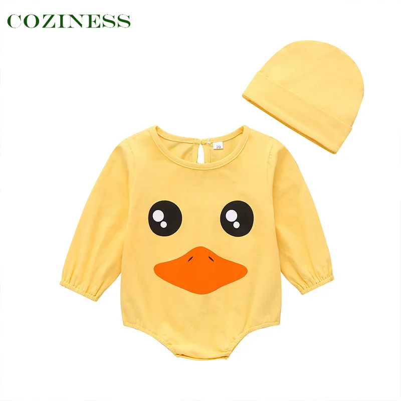 

COZINESS Gril Baby Rompers Cartoon Little Yellow Duck Spring Autumn Long Sleeve Wear Hat Triangle Kids Bodysuit Chid Pajamas