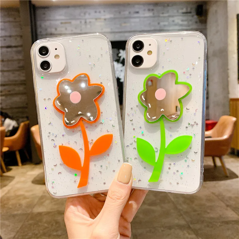 

For XiaoMi 11 10 9 Protective Cover Soft Shell Coque For RedMi Note 7 8 K40 K30 Pro Transparent Glitter Mirror Flower Phone Case