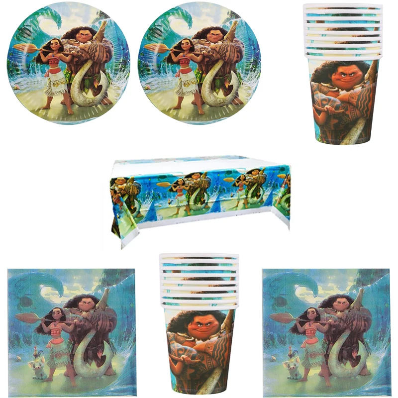 

61pcs/lot Moana Theme Tablecloth Dishes Baby Shower Napkins Birthday Party Kids Boys Favors Tableware Set Plates Cups Glass