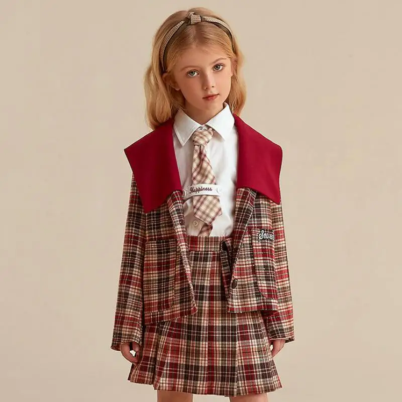 

Fashion Plaid Clothes Sets Girls 2 Piece School Uniform Clothing Autumn Winter Teen Child Warm Jackets And Skirts Outfits Suits