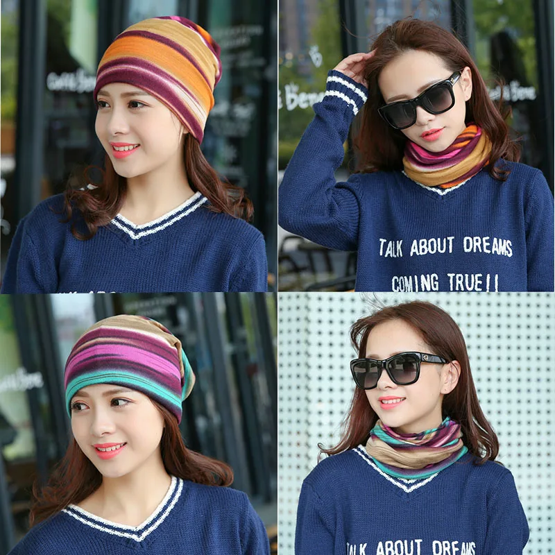 

Женская осенне-зимняя тонкая Шапка-бини, шапки в полоску, Модный женский многофункциональный шарф