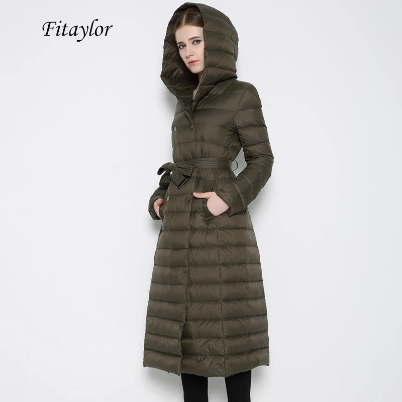 Женское зимнее длинное пальто с капюшоном на утином пуху|breast size|breasted coatbreast light |