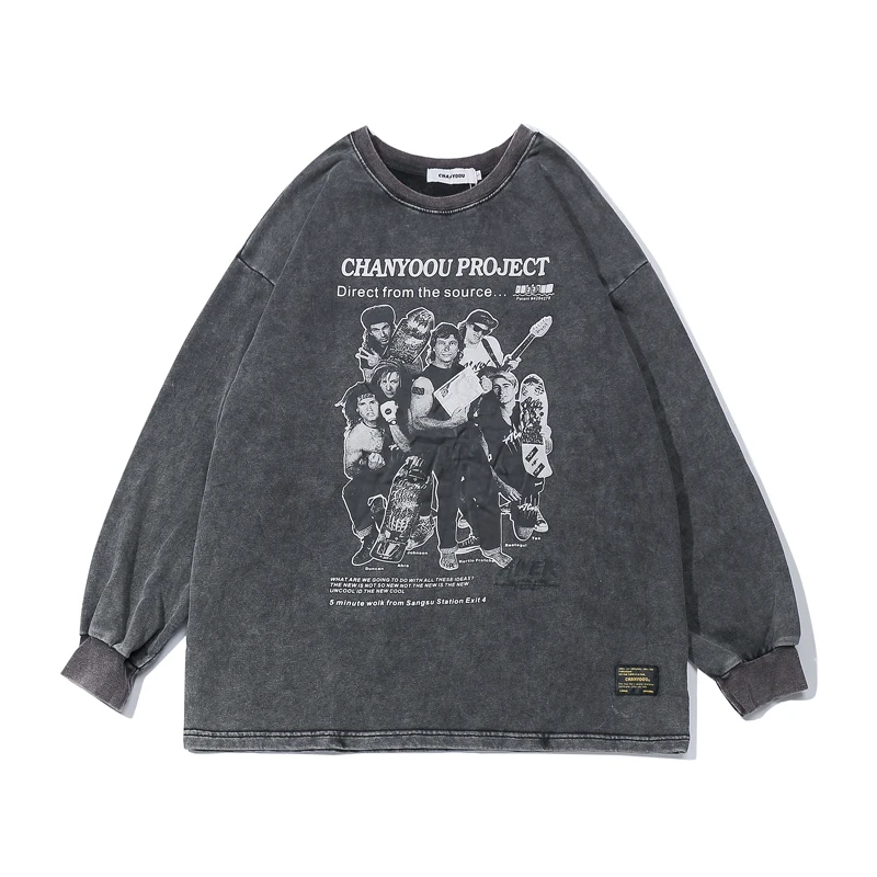 Мужские футболки с длинным рукавом винтажный принт персонажами Харадзюку