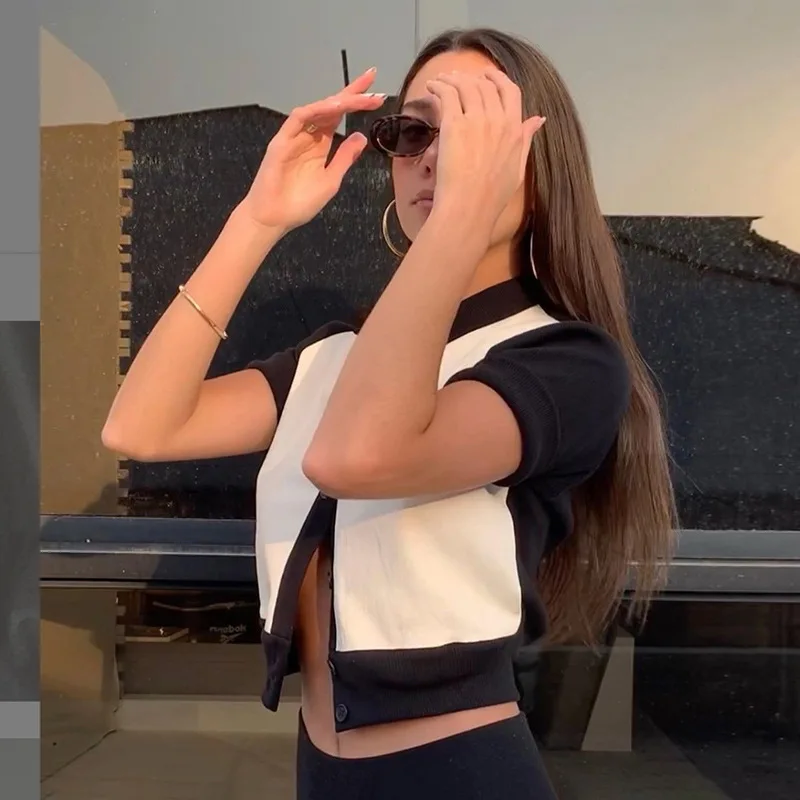 

Women's Turn Down Collar Hit Color Lapel Short Sleeve Blouse Cardigan Summer Basic PU Stitching Slim T Shirt Crop T Shirt Button