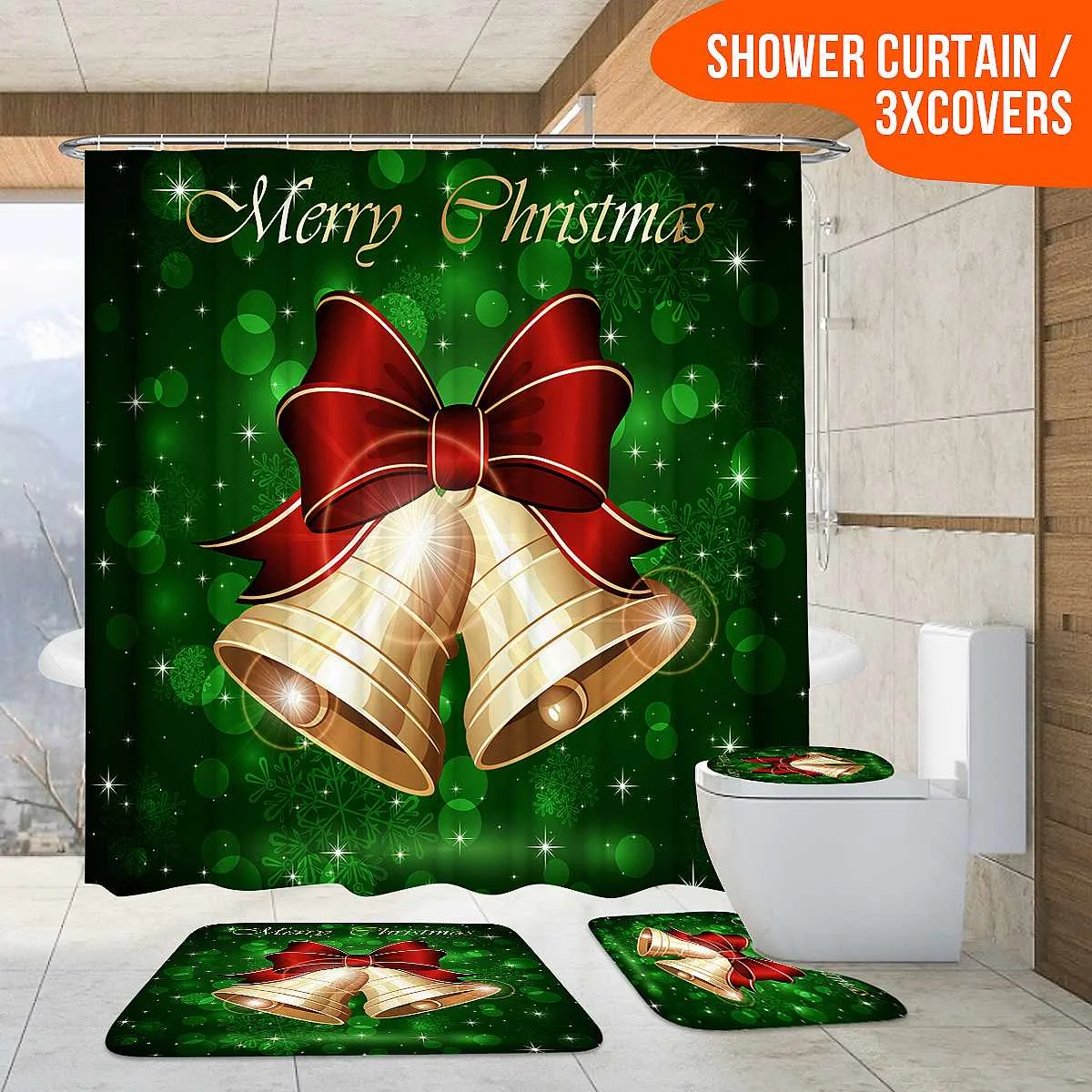 

Bathroom Toilet Cover+Non-slip Pedestal Rug+Bath Mat / Waterproof Shower Curtain Christmas Bell Print for Shower Christmas Decor