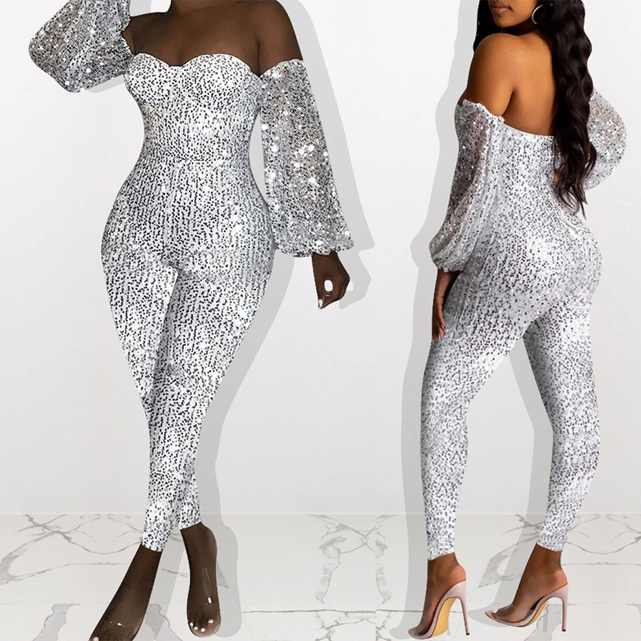 HAOYUAN Sexy Sequin Jumpsuit Women Off Shoulder Lantern Sleeve Overalls Romper One Piece Outfit Streetwear Rave Bodycon Jumpsuit