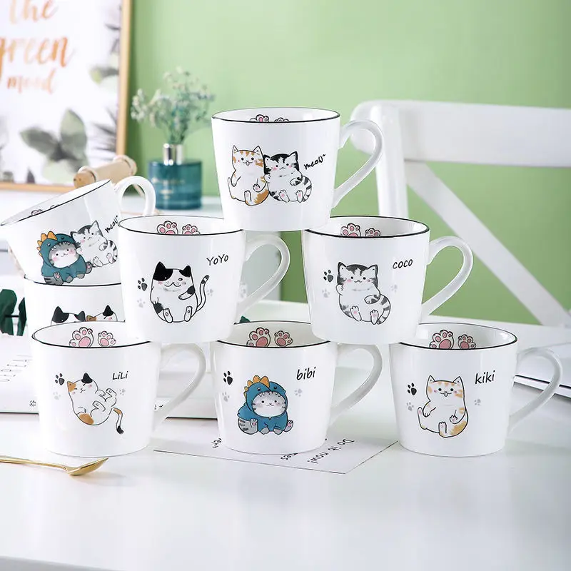 

Brief Ceramic Water Mugs Cute Cartoon Cat Tea Coffee Cups with Cover Spoon Creative Breakfast Drinkware Coffeeware