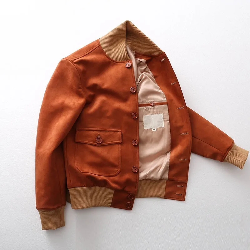 

Casual Single Breasted Faux Suede Mens Jackets Spring New Long Sleeve Pockets Stand Collar Ribbed Patchwork Slim Fit Short Coats