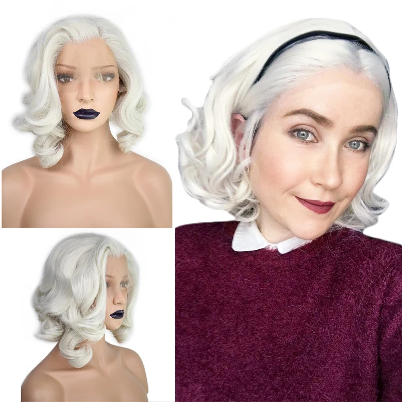 ANOGOL Synthetic Short Body Wave Bob White Blonde Free Part Wave High Temperature Fiber Hair Lace Front Wigs For Drag Queen