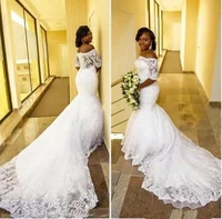 mermaid wedding dresses bridal gowns off shoulder applique court train see through back african bride dress