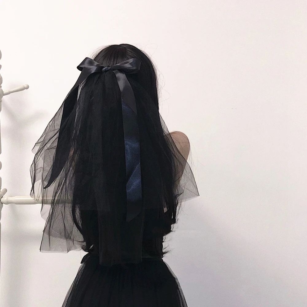 

Черная свадебная фата с гребнем, свадебная фата в готическом винтажном стиле, короткая двухслойная фата с бантом, реквизит для фотосъемки