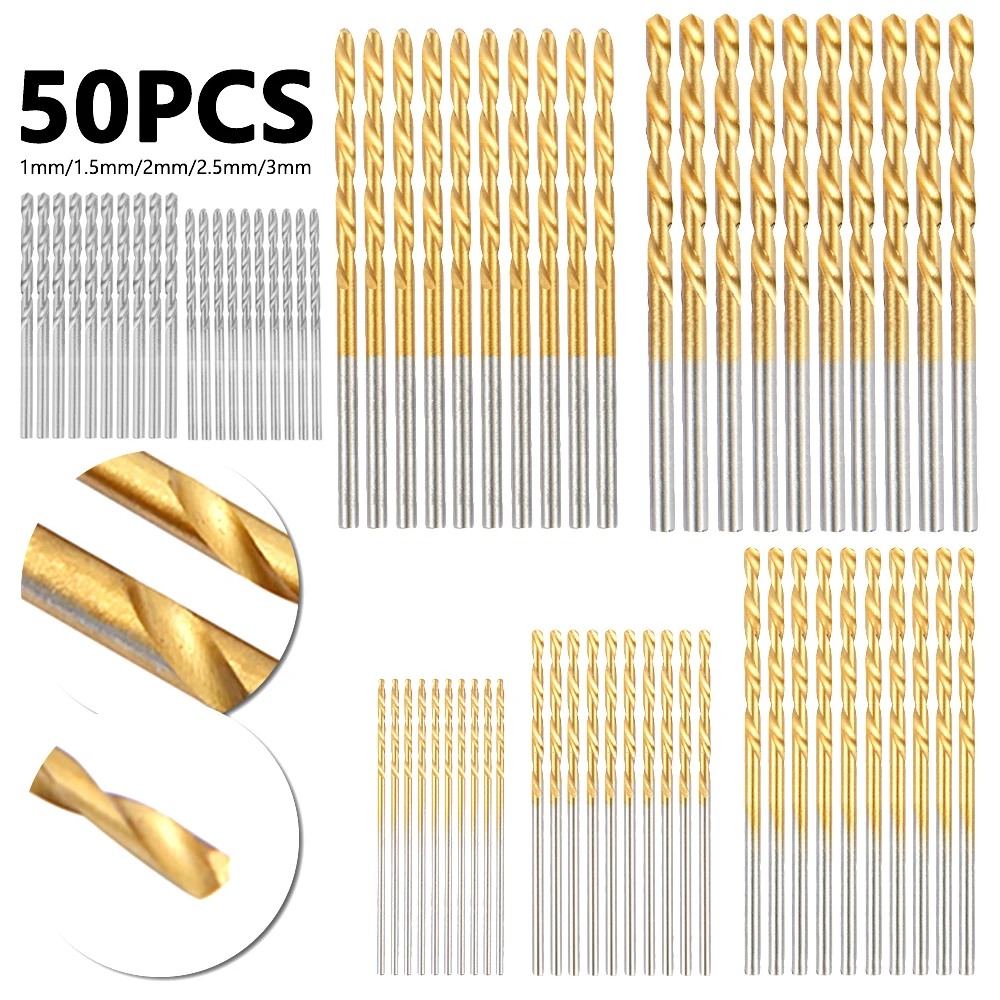 

50pc 1/1.5/2/2.5/3mm Titanium Coated Drill Bits High Quality HSS High Speed Steel Drill Bits Set for Woodwork Metal Reamer Tools