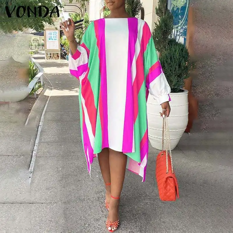 

Striped Loose Dress VONDA 2021 Women Irregular Hem Vintage Long Dresses Ladies Long Sleeve Bohemian Party Beach Vestidos Robe