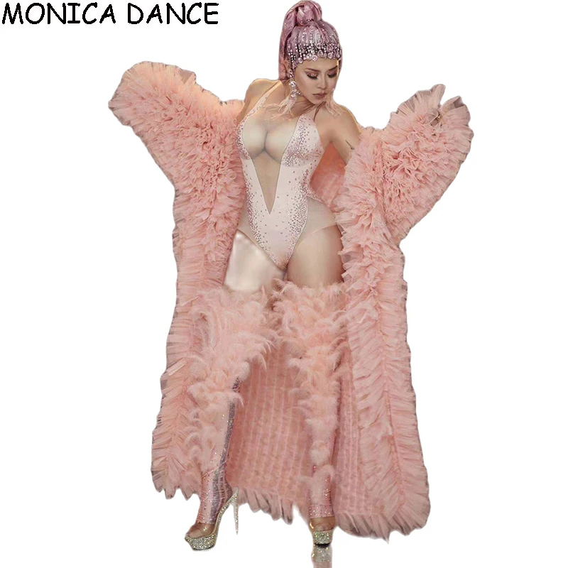 

Women Sexy Nightclub Singer Concert Sexy Stage Wear Pink Long Cloak Rhinestones Bodysuit Feather Leg Cover Outfit Dance Costume