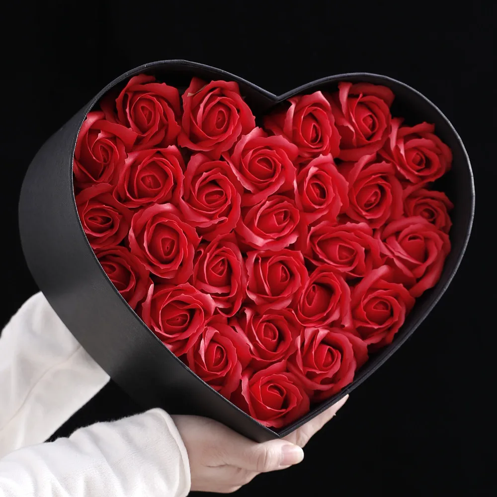 Caja de regalo de flores de jab&oacute;n de terciopelo en forma de coraz&oacute;n, embalaje a mano de rosas que nunca se decoloran, regalos de boda, decoraci&oacute;n de San Valent&iacute;n-3