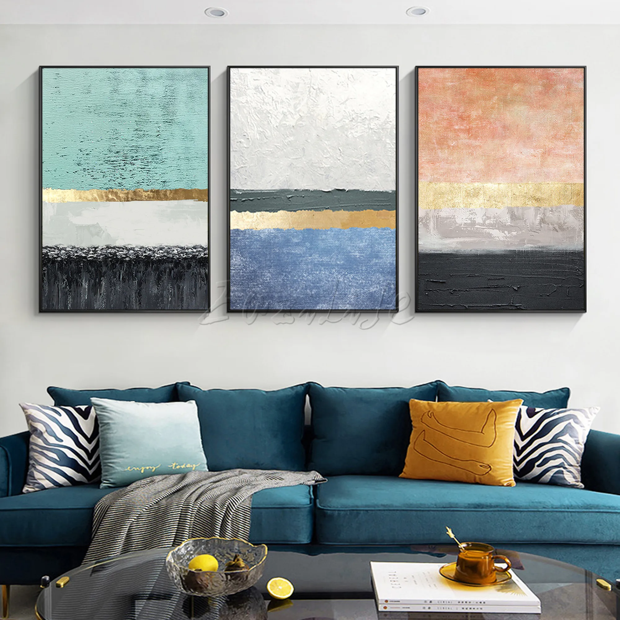 

Hand Painted Set of 3 Abstract Gold colourful Canvas Acrylic Oil painting Living Room 3 pieces large Wall art home decor