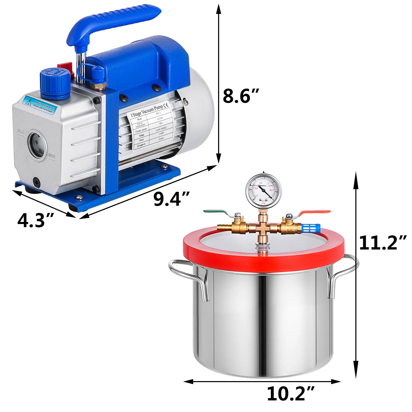 

VEVOR Vacuum Chamber 1.5 Gallon 6.8 L With 3CFM 1/3HP Refrigerant Vacuum Pump HVAC 1-Stage, Chamber and Vacuum Pump Kit