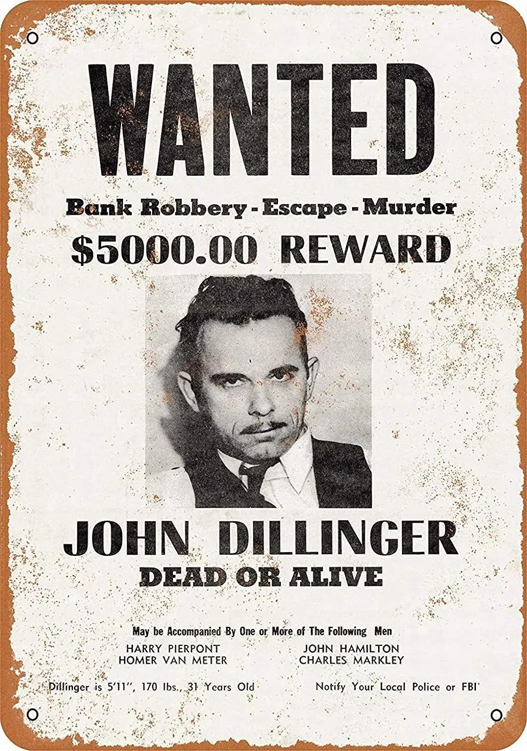 

Lplpol Metal Sign John Dillinger Wanted Poster Vintage Wall Decor Art 10" x 14"