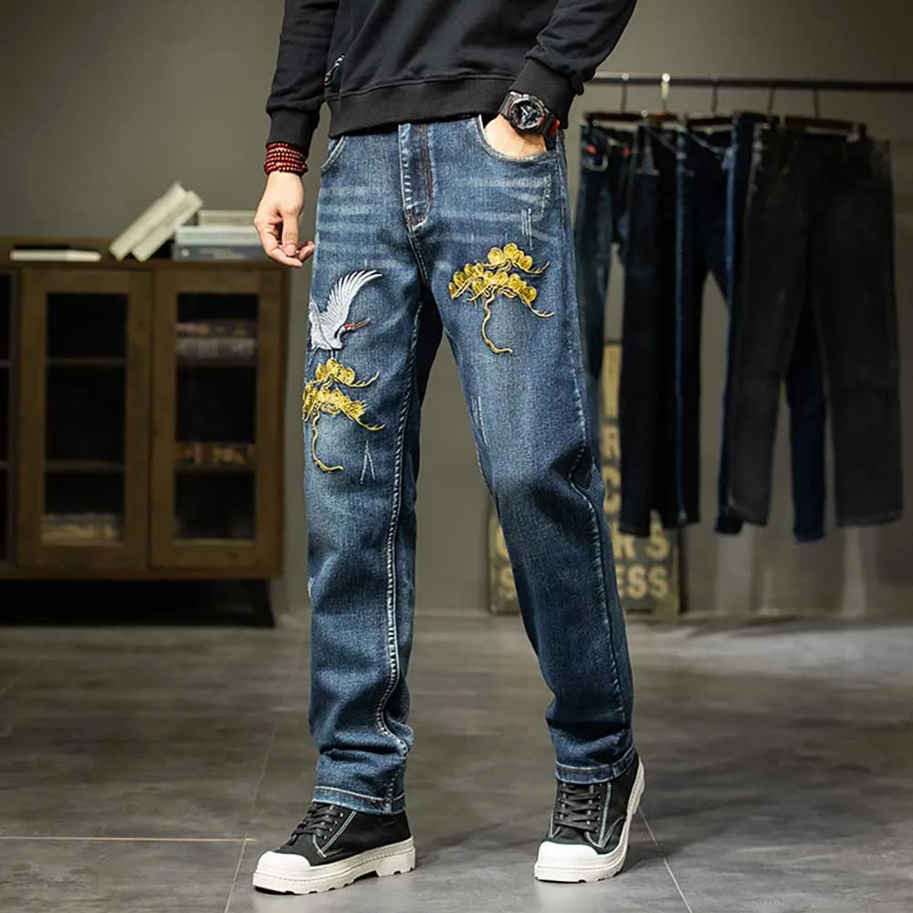 Men Fashion Embroidered Denim Straight Loose Baggy Pants Streetwear Casual Trousers Hiphop Plus Size Clothing