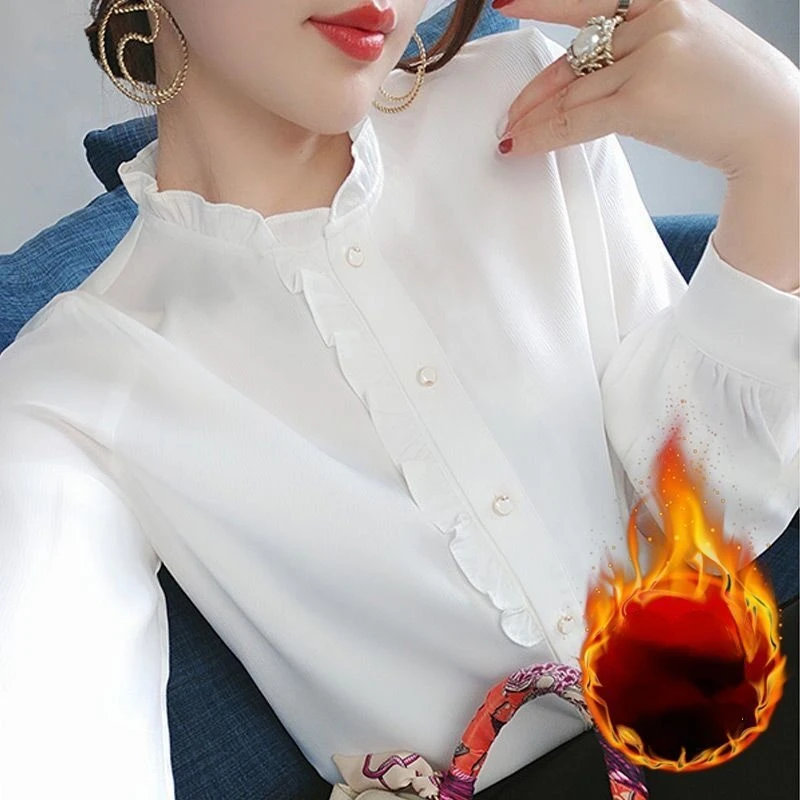 

2022 Autumn Winter Plus Size Women's Long-sleeved Padded Slim Chiffon Shirt Long Sleeve Ruffled Collar Elegant Blouse For Women