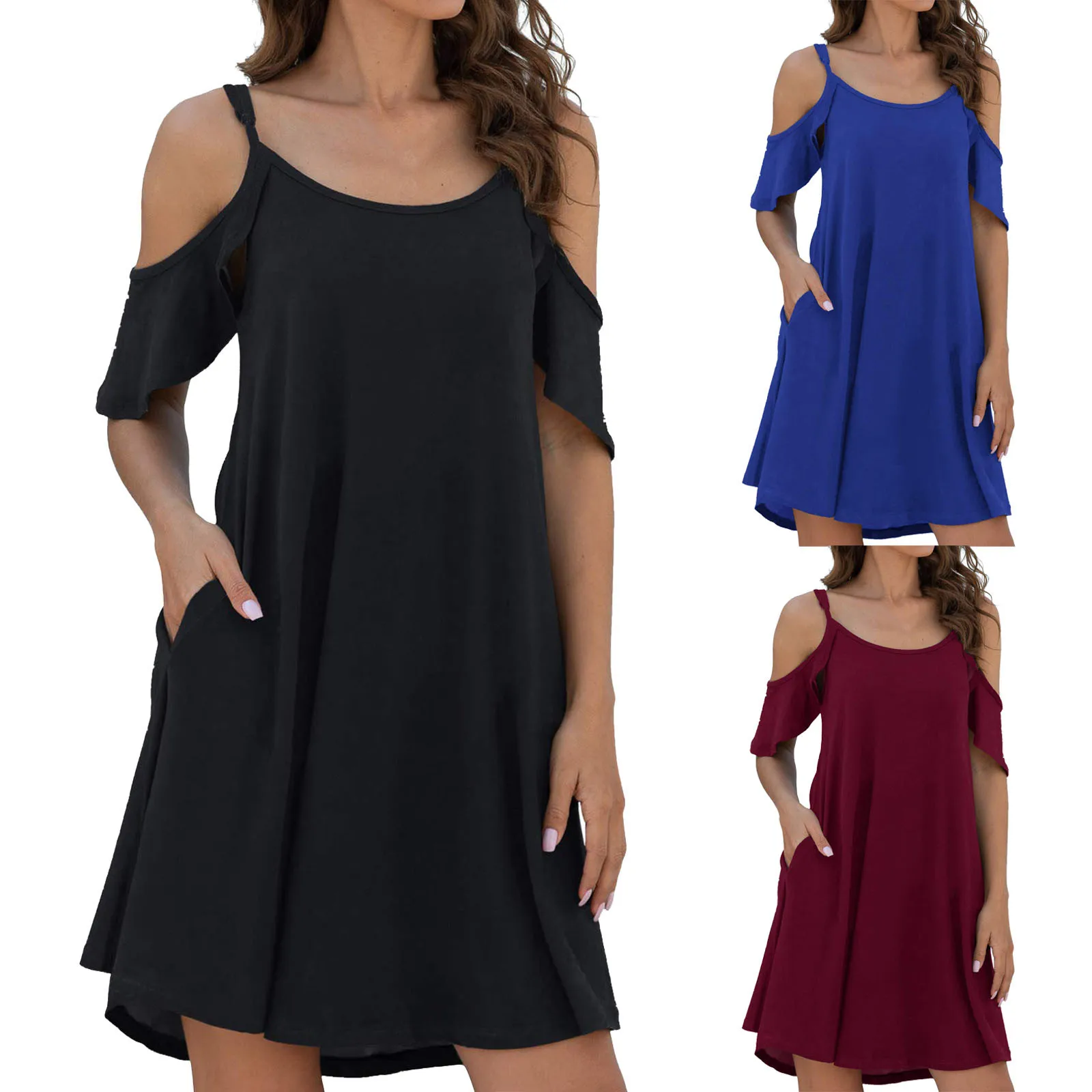 

Summer Solid Mini Dress Women's Summer Casual Dress Off Shoudler Ruffle Sleeves Dresses With Pocket Short Beach Dress Black