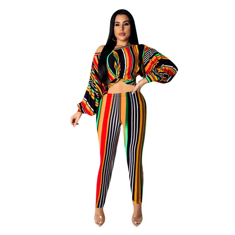 OLOEY/радужный повседневный комплект из двух предметов в разноцветную полоску топ