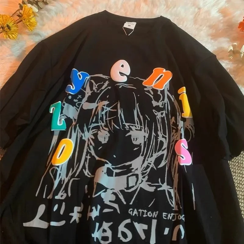 

Summer Women's Loose O-neck Short-sleeved Japanese Anime Cartoon Two-dimensional Girl Colored Letter Print Cotton Black T-shirts