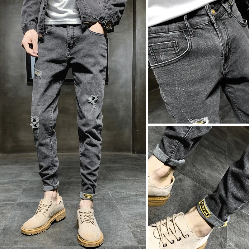 

brand denim jeans 2020 men's autumn winter plus velvet grey Korean trendy hip hop ripped hole slim feet wild casual long pants