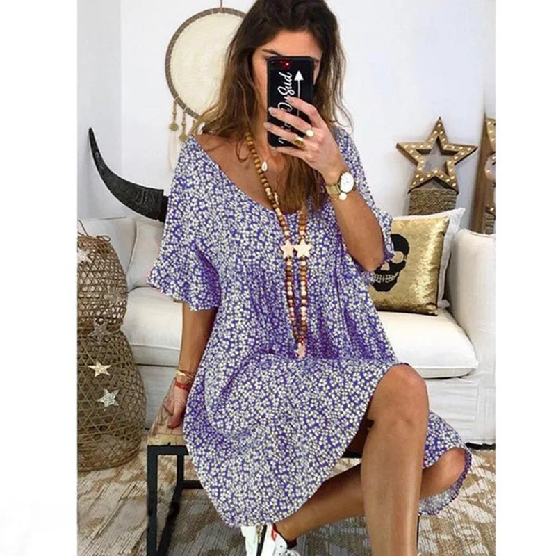 

Summer Women Holiday Beach Shirt Dress Sexy V Neck Boho Floral Print Flare Sleeve Dress Lady Party Dress Plus Size