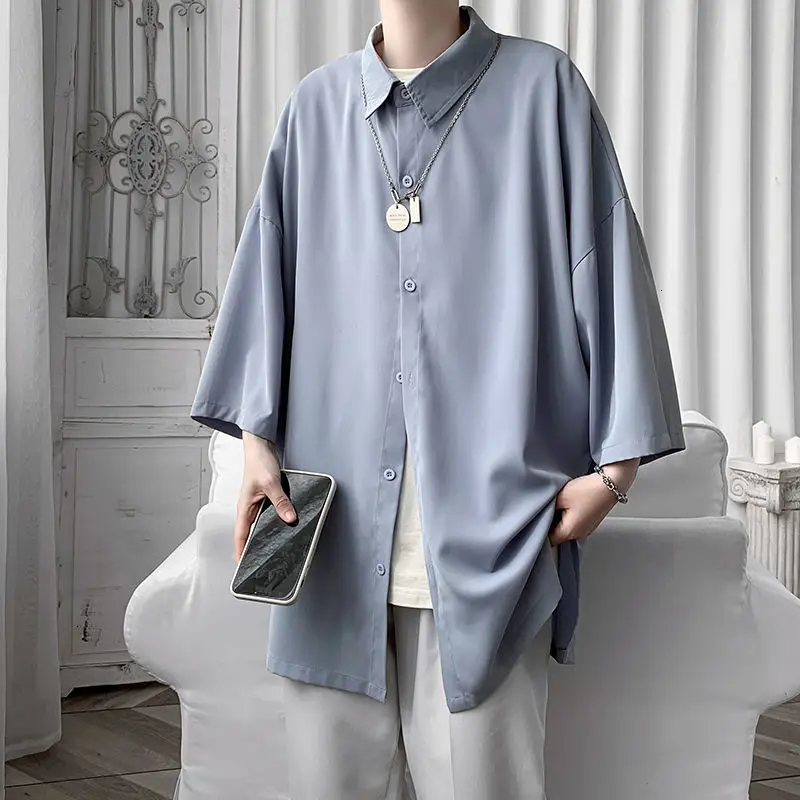 HYBSKR 2022 Summer Men Shirts Korean Style Loose Male Solid Color Short Sleeve Tops Man Baggy Casual Couple Clothes | Мужская одежда
