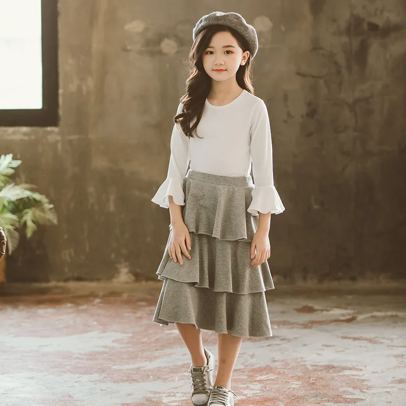 

ZWY559 teenager autumn spring winter Girls Clothes solid white t shirt + grey pleated skirts Layered dress 3-10 years