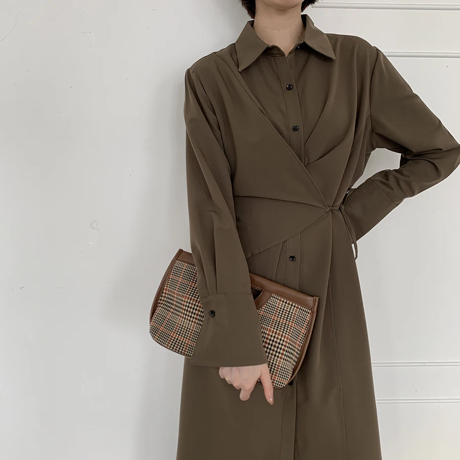 

Early Spring Single-Breasted Button Irregular Shirt Dress Female Mid-length Elegant Long Sleeve Bandage Dress Plus Size