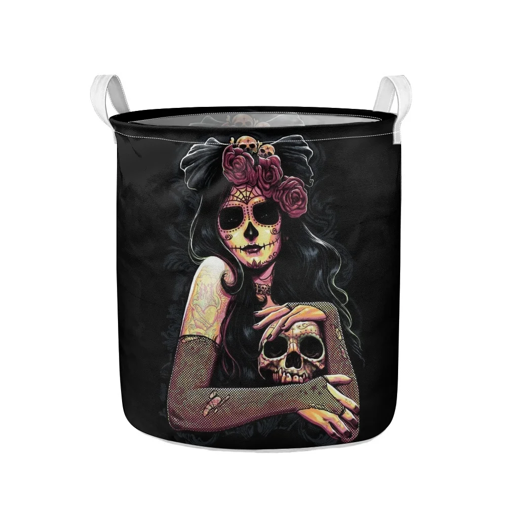 

Durable Laundry Basket Elegant Evil Girl Print Folding Polyester Bathroom Dirty Clothes Sorter Bin Round Kids Toy Storage Box
