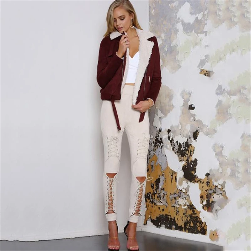 Новые женские сексуальные бандажные леггинсы брюки на шнуровке замшевые кожаные