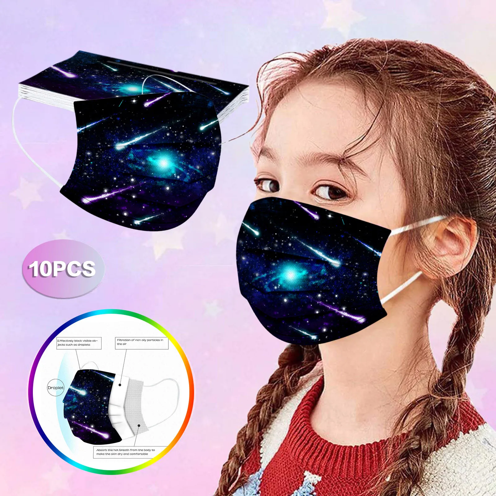 

50PC Child Mask Disposable Starry sky printing Face Mask Industrial 3Ply Ear Loop Mask Kids Party Decoration Facemask Masques