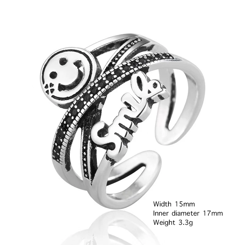 

Gothic Punk Smile Face Letter Black Cubic Zirconia Adjustable 925 Sterling Silver Ring For Women Chunky Jewelry