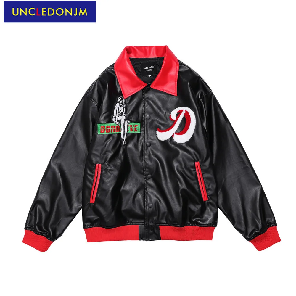 

UNCLEDONJM Punk style letter embroidery color block PU leather jacket men street hip hop Motorcycle loose jacket coat 87269