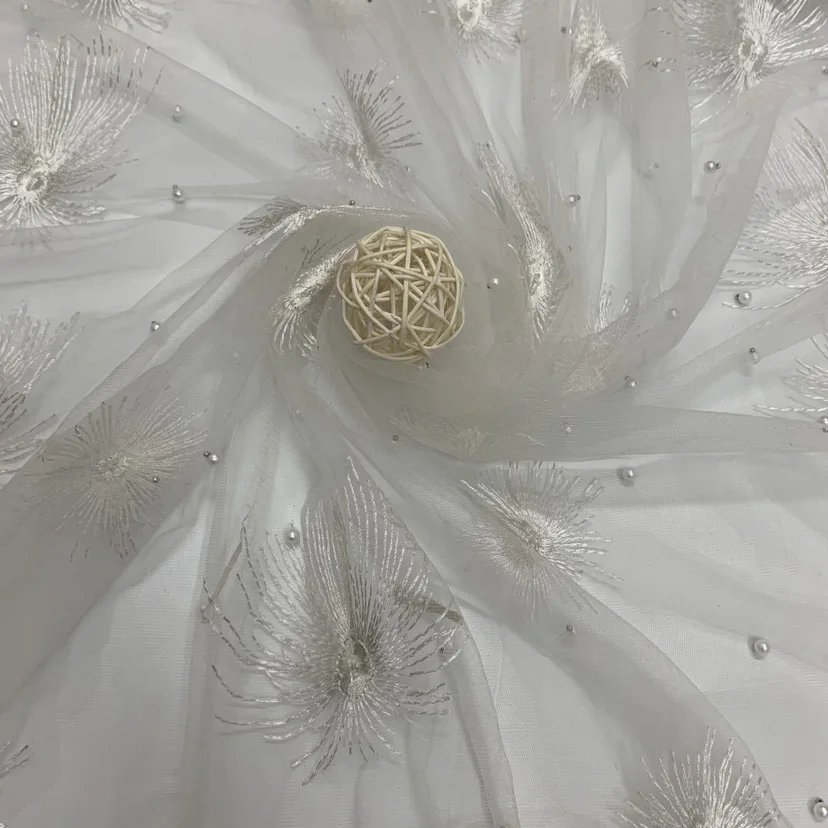 

5 Yard Popular Fireworks Embroidered Beaded Pearl Embroidered Mesh Fabric Designer DIY Women Party Dress Material 2021 Fashion