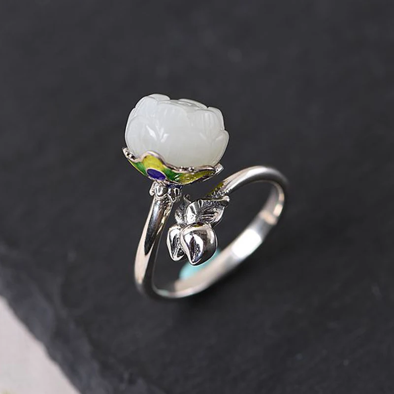 

FNJ Natural Hetian Jade Lotus Ring 925 Silver Original Pure S925 Sterling Silver Rings for Women Jewelry Open Adjustable Flower