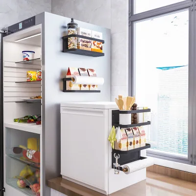 

Foldable Refrigerator Organizer Magnetic Fridge Spice Rack Paper Towel Holder Multi-purpose Kitchen Storage Shelf XH8Z