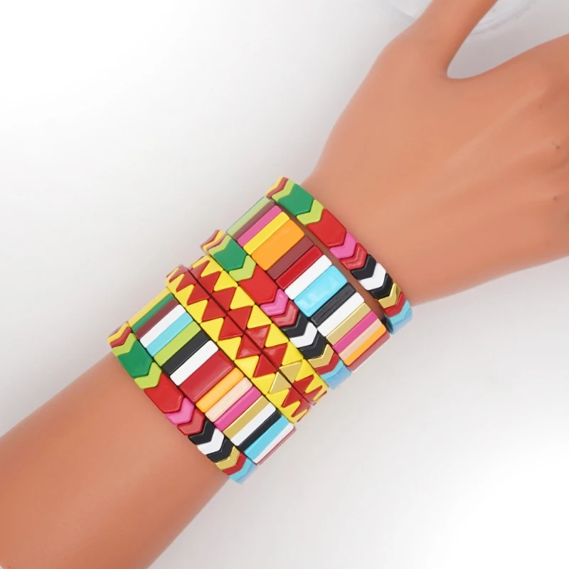 

6Pcs Bohemian Elastic Stretch Colorful Tile Enamel Rectangle Bracelet Stackable Enamel Rainbow Charm Bracelet Jewelry